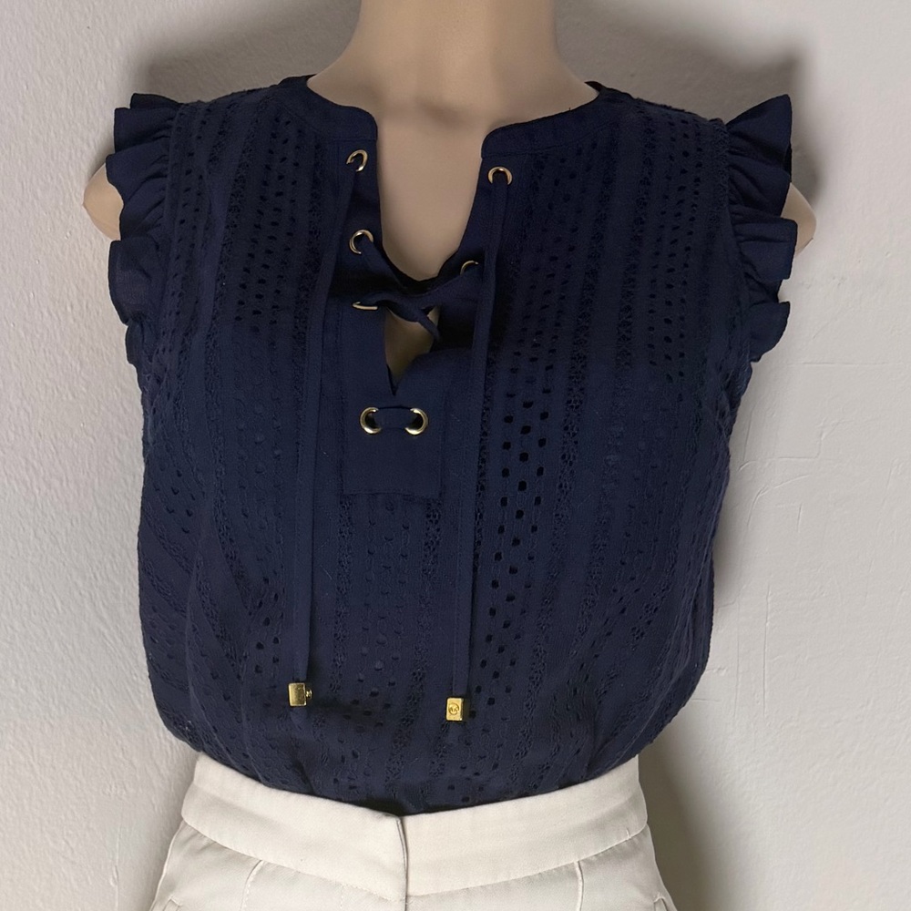 Michael Kors Navy Eyelet Lace-Up Blouse | Ruffle Sleeve Boho Top | Size S